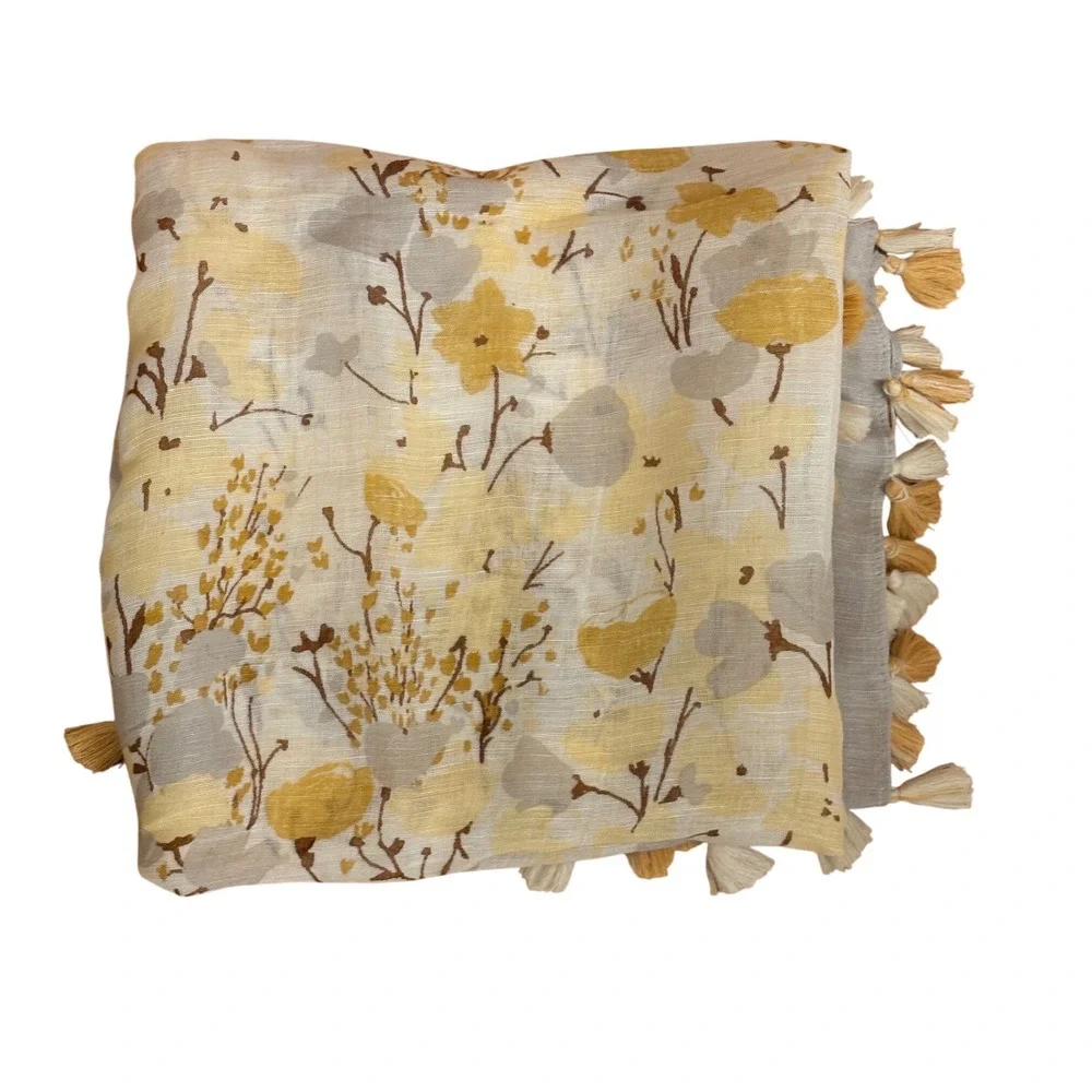 Spartina 449 Floral Tassel Scarf Yellow Grey Linen Viscose Blend Wrap Accessory